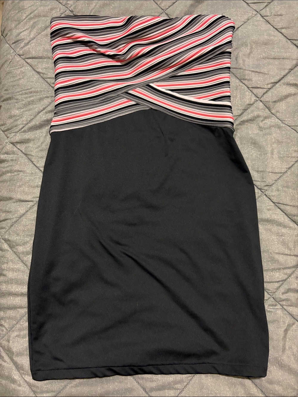 Armani Exchange Black Strapless Dress with Multicolor Striped Bust